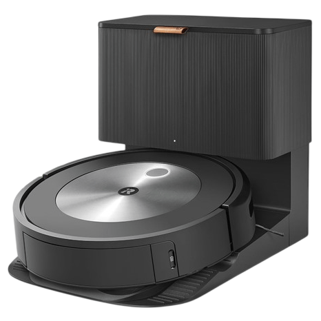A robotic vacuum cleaner with a docking station and a smartphone with the iRobot app displayed.