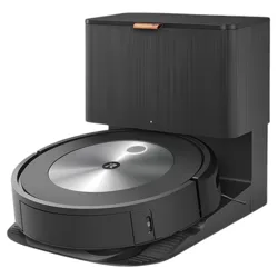 A robotic vacuum cleaner with a docking station and a smartphone with the iRobot app displayed.