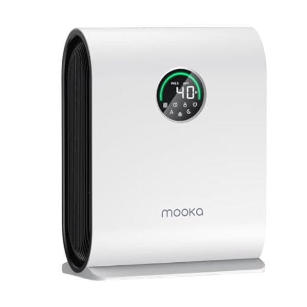 A Mooka air purifier with a digital display showing a PM2.5 rating of 40. The unit features a sleek white design with black rounded sides.