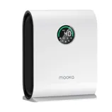 A Mooka air purifier with a digital display showing a PM2.5 rating of 40. The unit features a sleek white design with black rounded sides.