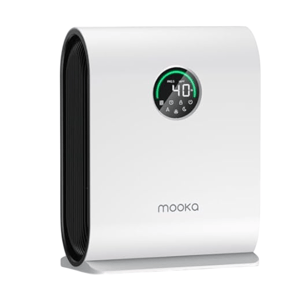 A Mooka air purifier with a digital display showing a PM2.5 rating of 40. The unit features a sleek white design with black rounded sides.