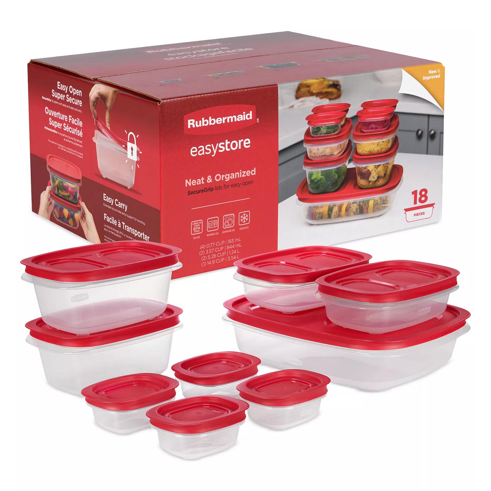 Rubbermaid Easystore 18-piece set with red SecureGrip lids, includes various sized containers for neat and organized storage.