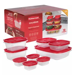 Rubbermaid Easystore 18-piece set with red SecureGrip lids, includes various sized containers for neat and organized storage.