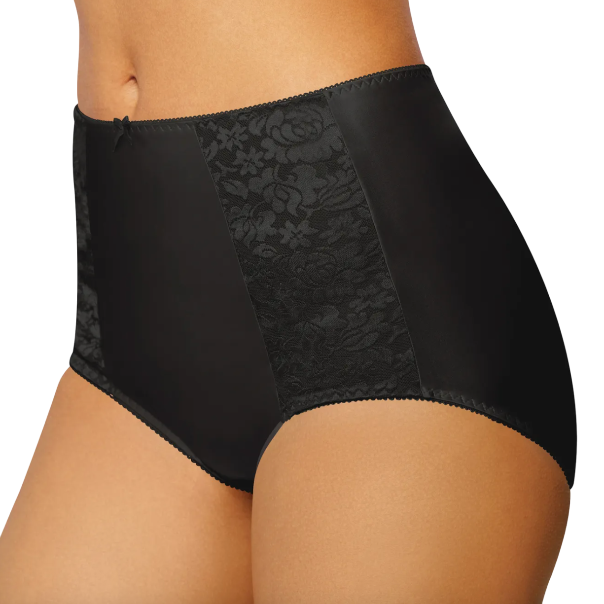 Black high-waisted shapewear panty with lace detailing on the front panels.