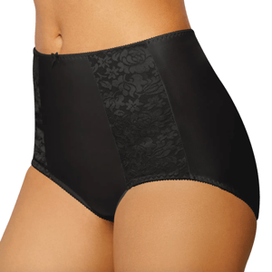 Black high-waisted shapewear panty with lace detailing on the front panels.