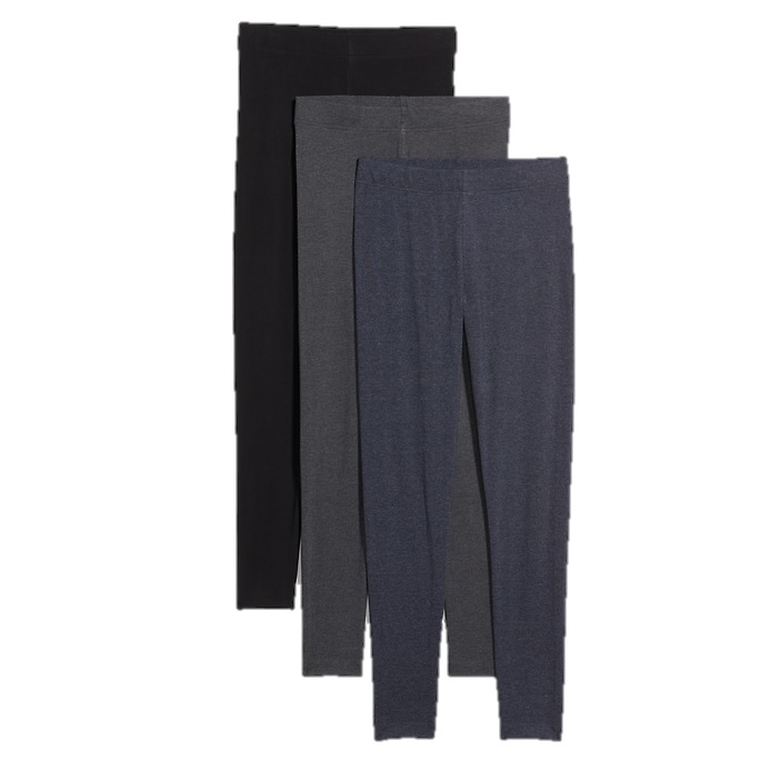 Three pairs of leggings in black, dark gray, and navy blue are stacked together.