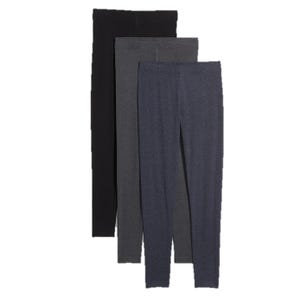 Three pairs of leggings in black, dark gray, and navy blue are stacked together.