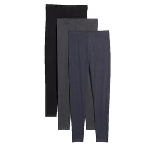 Three pairs of leggings in black, dark gray, and navy blue are stacked together.