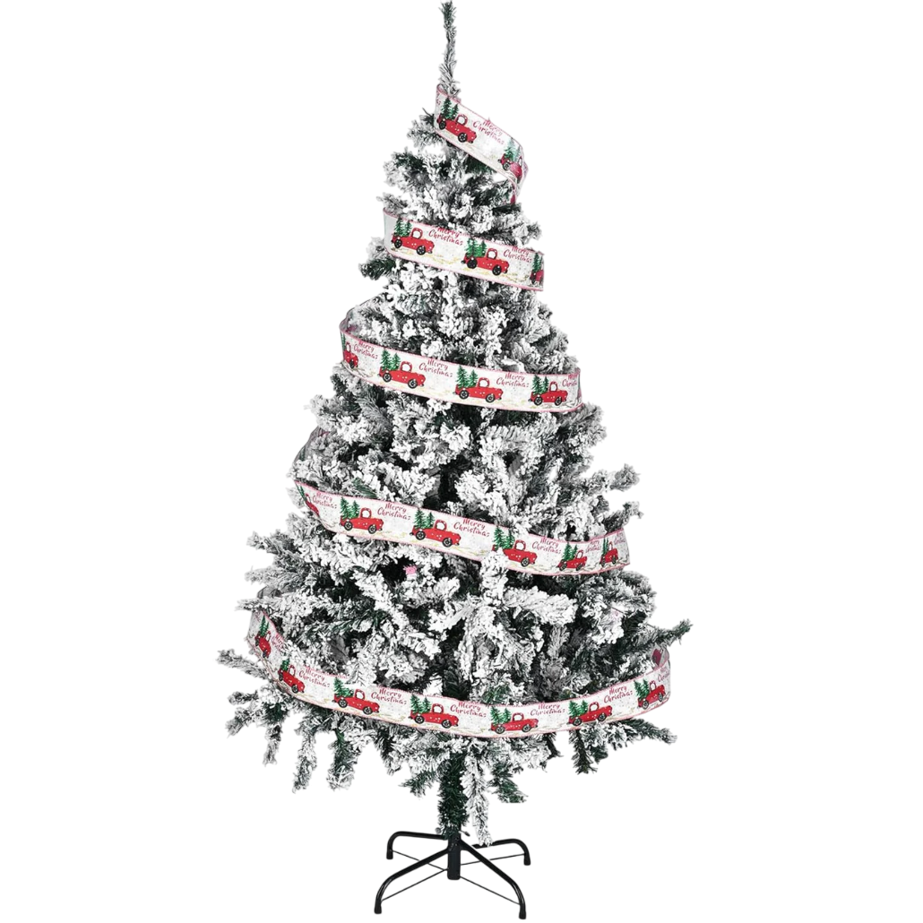 A snow-flocked artificial Christmas tree with a spiral ribbon featuring red trucks and \“Merry Christmas\“ text. The tree includes a black metal stand.
