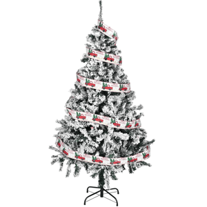 A snow-flocked artificial Christmas tree with a spiral ribbon featuring red trucks and \“Merry Christmas\“ text. The tree includes a black metal stand.