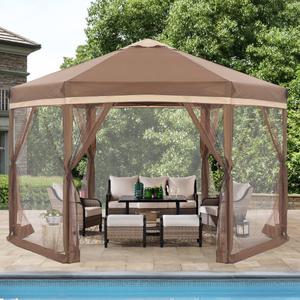 12' hexagonal pop-up gazebo with a brown canopy and mesh netting, enclosing a patio set with wicker furniture, cushions, and a table, set on a stone patio near a pool and surrounded by greenery.