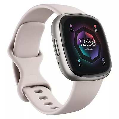 A white FitBit Sense 2 Smartwatch with a color screen displaying time, heart rate, and date on a silicone band.