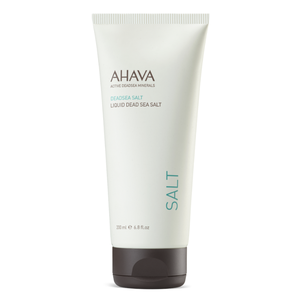 AHAVA Liquid Dead Sea Salt, 200 ml (6.8 fl. oz), in a white tube with a dark cap, featuring active Dead Sea minerals.