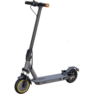 A sleek, dark grey electric scooter with a streamlined design, featuring black handlebars, a headlight, and yellow accents on the wheels. It has a sturdy frame, folding mechanism, and wide deck for stability.