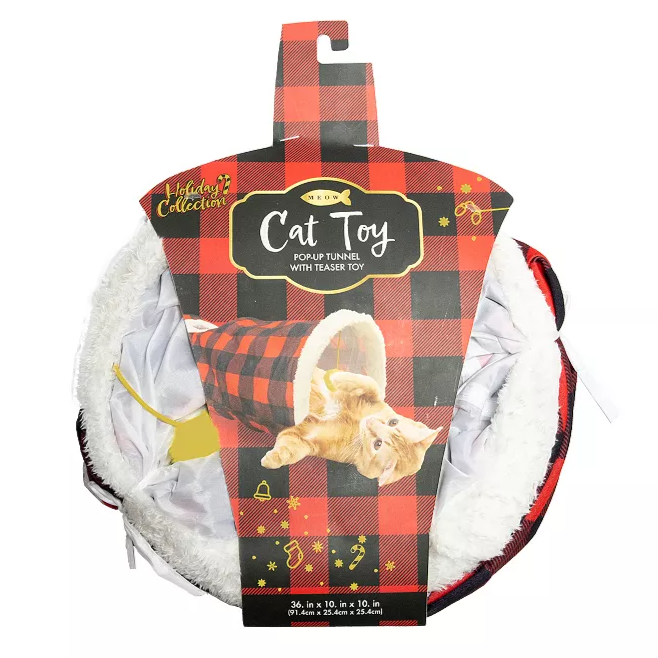 Cat toy with a pop-up tunnel and teaser toy, part of the Holiday Collection. Dimensions: 36in x 10in x 10in.