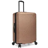 A large, rose gold hard-shell suitcase with a telescopic handle and four spinner wheels, featuring horizontal ridges and a side handle for easy carrying.