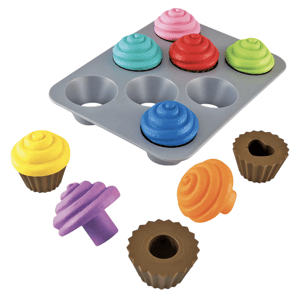 Toy cupcake set with colorful swirl tops and brown bases in a six-slot baking tray. Includes colors like pink, red, green, blue, yellow, and orange, with a mix-and-match design.
