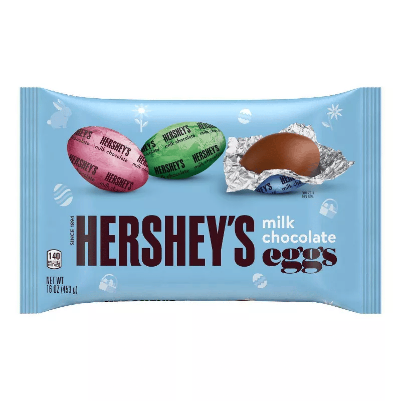 Hershey's Milk Chocolate Eggs in a 16 oz (453 g) pack display pink, green, and blue foil-wrapped chocolate eggs, with one partially unwrapped to show the chocolate inside.