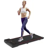 A woman is jogging on a flat, compact treadmill wearing a white sports bra, purple leggings, and athletic shoes.