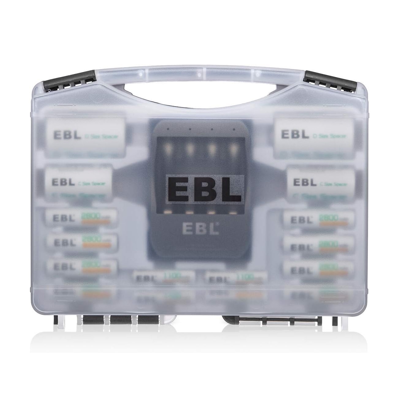 EBL Rechargeable Battery Box contains a variety of EBL rechargeable batteries and a charger, all enclosed in a transparent storage case with a handle, organized neatly for easy access and storage.