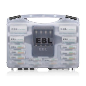 EBL Rechargeable Battery Box contains a variety of EBL rechargeable batteries and a charger, all enclosed in a transparent storage case with a handle, organized neatly for easy access and storage.