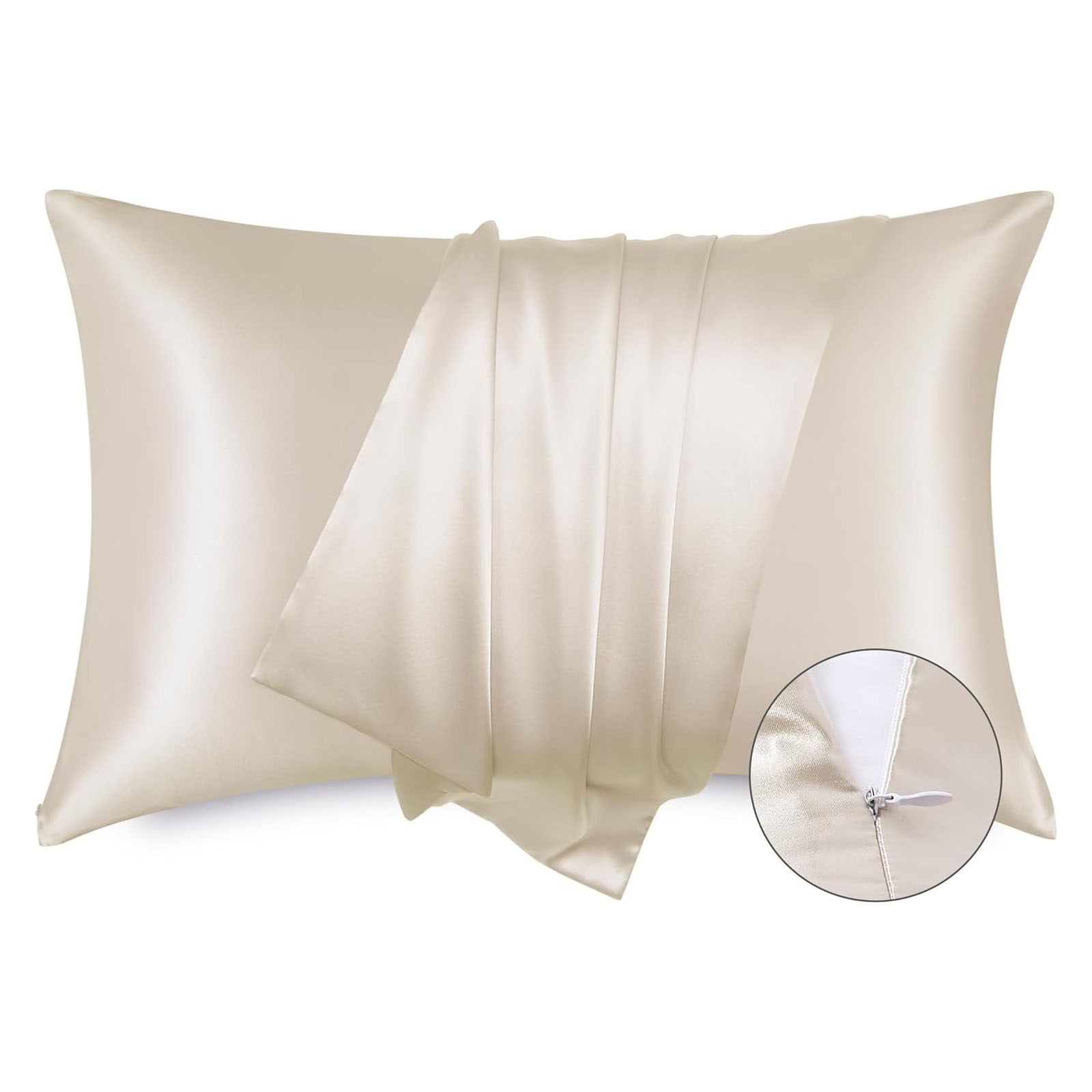 A cream-colored, smooth satin pillowcase with a hidden zipper closure is shown, offering a soft and sleek appearance.