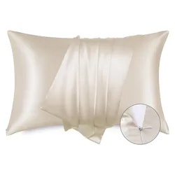 A cream-colored, smooth satin pillowcase with a hidden zipper closure is shown, offering a soft and sleek appearance.