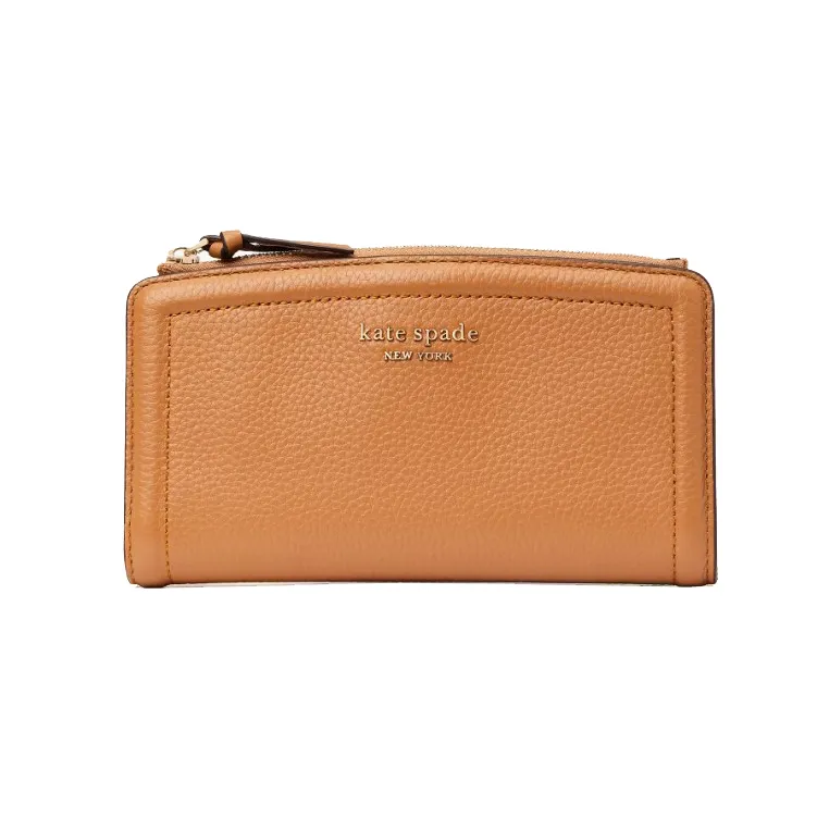 A tan leather zippered wallet with a brand name embossed on the front.