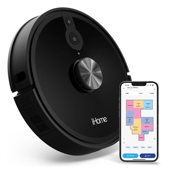 A circular black robot vacuum with a metallic central disc and smartphone showing a colorful app interface for controlling and mapping the device's cleaning path.