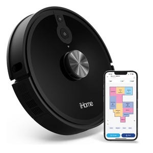 A circular black robot vacuum with a metallic central disc and smartphone showing a colorful app interface for controlling and mapping the device's cleaning path.