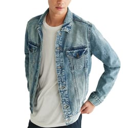 A light wash denim jacket with classic collar, button front, two chest pockets, and button cuffs on the sleeves.