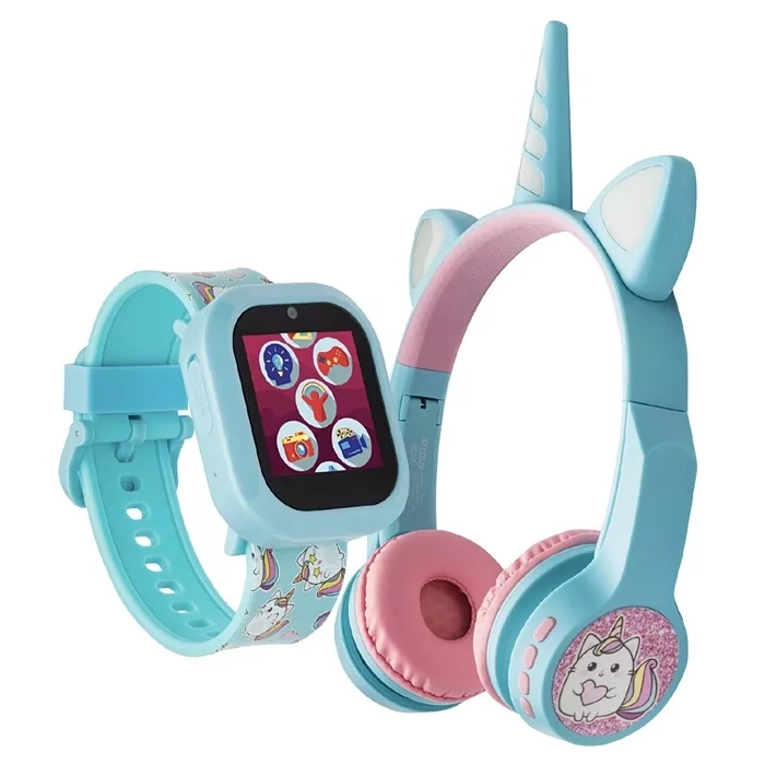 A light blue silicone smartwatch with a rectangular screen displaying colorful icons, designed with a unicorn and rainbow theme suitable for girls.