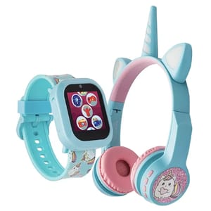A light blue silicone smartwatch with a rectangular screen displaying colorful icons, designed with a unicorn and rainbow theme suitable for girls.