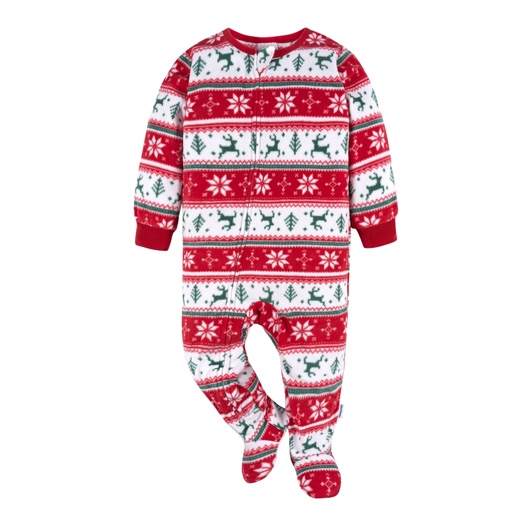 Red and white footed pajamas with a Fair Isle pattern featuring snowflakes and reindeer motifs.