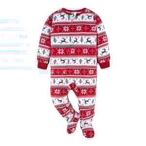 Red and white footed pajamas with a Fair Isle pattern featuring snowflakes and reindeer motifs.