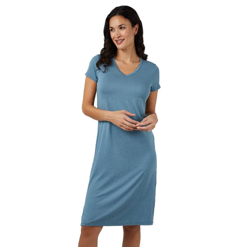 A woman is wearing a blue V-neck, short-sleeve, knee-length dress.