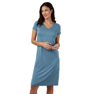 A woman is wearing a blue V-neck, short-sleeve, knee-length dress.