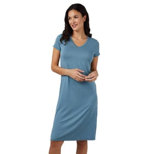 A woman is wearing a blue V-neck, short-sleeve, knee-length dress.