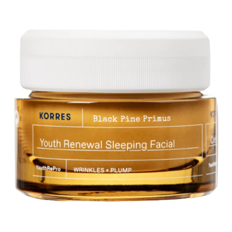 Korres Black Pine Primus Youth Renewal Sleeping Facial, targeting wrinkles and plumping with YouthRePro technology.