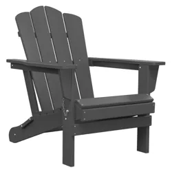 A dark gray Adirondack chair with a slatted back, wide armrests, and a lower seat, featuring metal fasteners and a chain detail on the side.