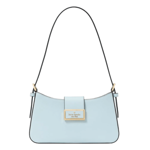 Light blue handbag with a structured design and a thin black strap. Features a gold-tone logo plaque on the front.