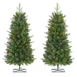 Two pre-lit artificial Christmas trees with multi-colored lights on metal stands.