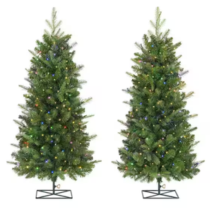 Two pre-lit artificial Christmas trees with multi-colored lights on metal stands.