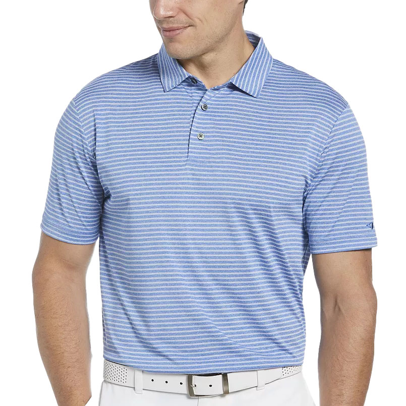 A man in a blue and white striped short-sleeve polo shirt with a collar and three buttons, paired with white pants and a white belt. The shirt has a logo on the sleeve.