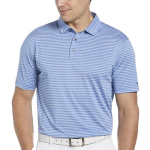 A man in a blue and white striped short-sleeve polo shirt with a collar and three buttons, paired with white pants and a white belt. The shirt has a logo on the sleeve.