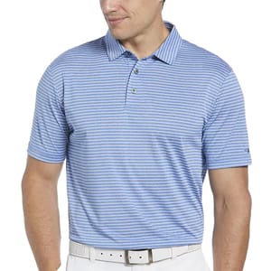 A man in a blue and white striped short-sleeve polo shirt with a collar and three buttons, paired with white pants and a white belt. The shirt has a logo on the sleeve.