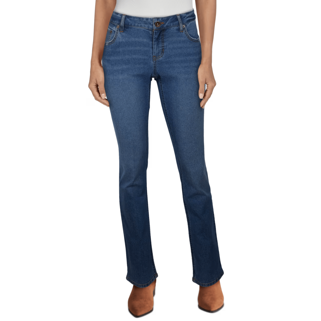 A pair of classic blue denim jeans with a straight leg cut, accompanied by brown ankle boots.