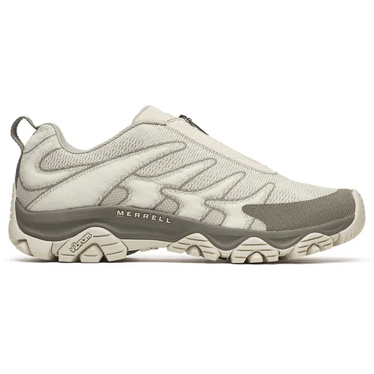 Merrell hiking shoe with a streamlined design, featuring a mesh upper, neutral tones, and a rugged Vibram outsole for traction.