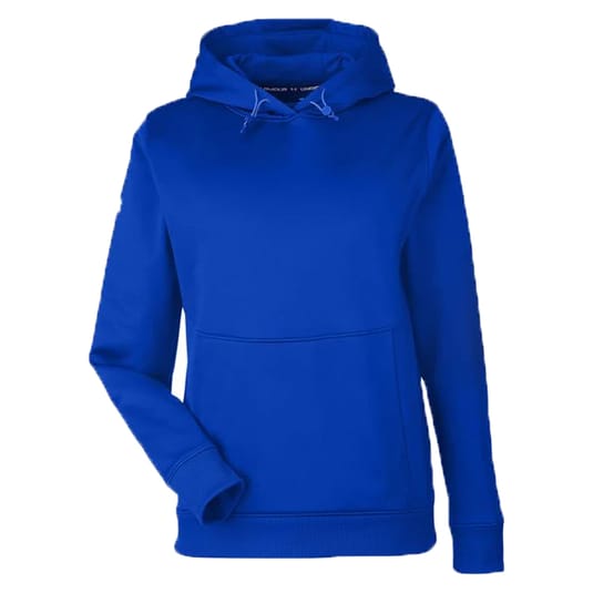 Blue hooded sweatshirt with a front pocket and ribbed cuffs.