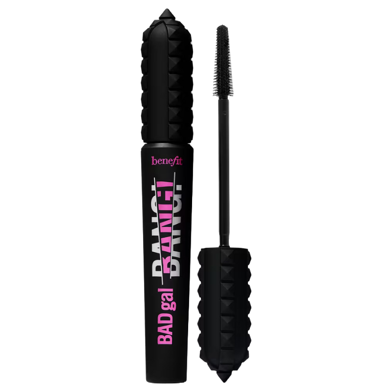 Benefit BADgal BANG! mascara with a bold black tube and spiked handle, featuring bright pink and white lettering. Includes a slim, textured applicator brush.